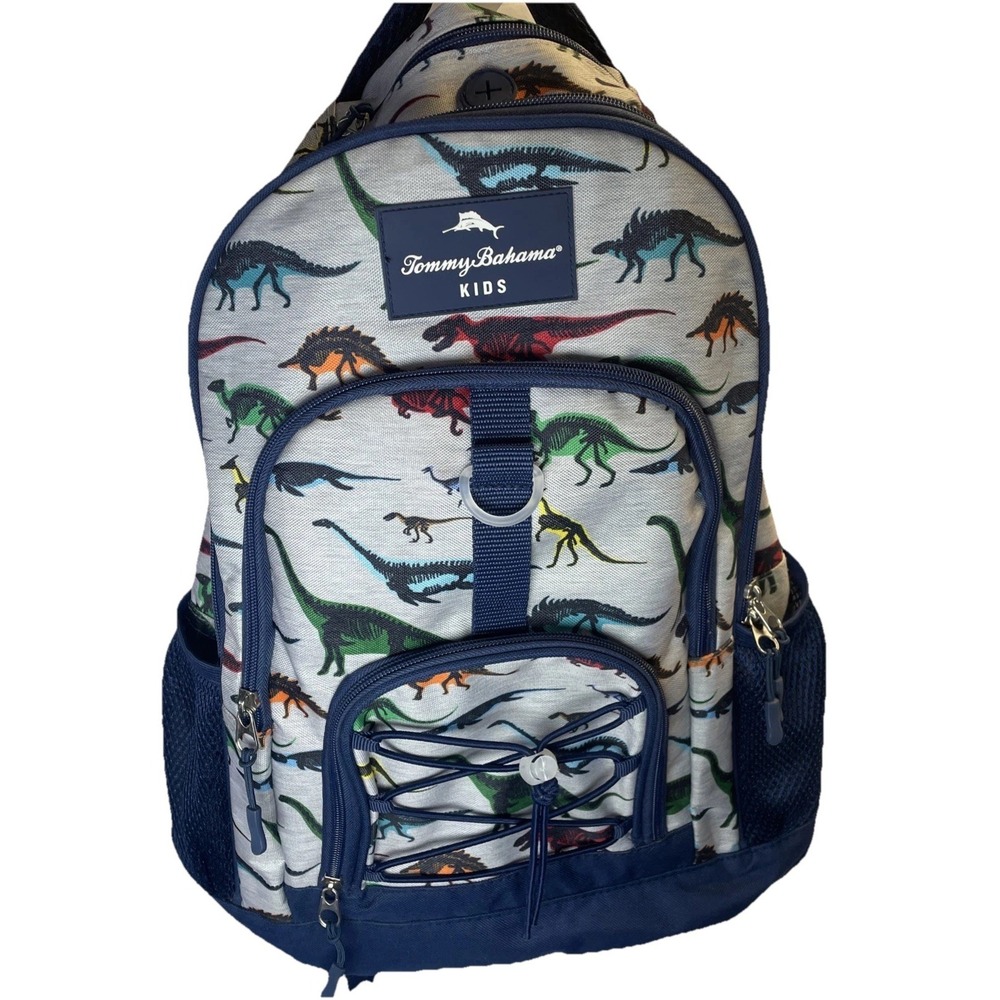 Tommy Bahama Kids Backpack Bag Navy Blue/Grey Colorful Dinosaurs 4 Zip Pockets